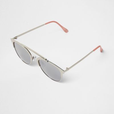 Silver tone brow bar mirrored sunglasses